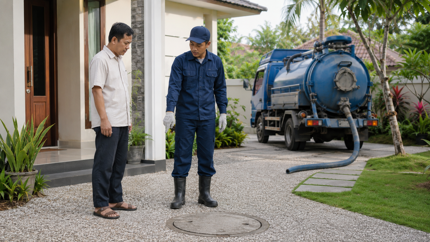 Petugas memeriksa ciri septic tank penuh sebelum melakukan penyedotan